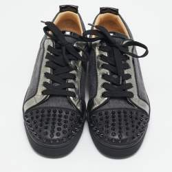Christian Louboutin Black/Grey Leather and Fabric Louis Junior Spikes Sneakers Size 41
