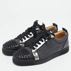 Christian Louboutin Black/Grey Leather and Fabric Louis Junior Spikes Sneakers Size 41