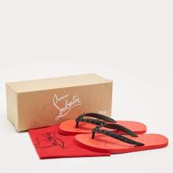 Christian Louboutin Red/Black Rubber Loubi Spike Flip Flops Size 44