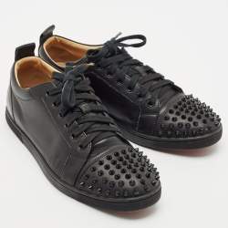 Christian Louboutin Black Leather Louis Junior Spikes Low Top Sneakers Size 40.5