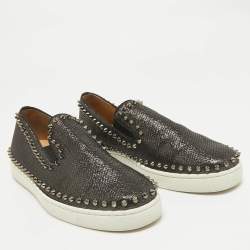 Christian Louboutin Black Laminated Leather Pik Boat Slip On Sneakers Size 41