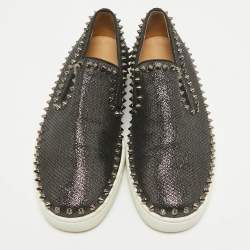 Christian Louboutin Black Laminated Leather Pik Boat Slip On Sneakers Size 41