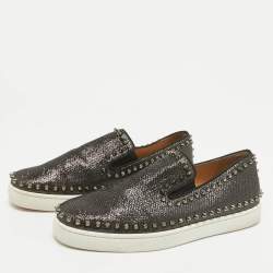 Christian Louboutin Black Laminated Leather Pik Boat Slip On Sneakers Size 41