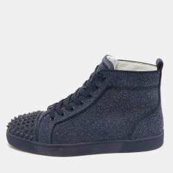 Christian Louboutin Navy Blue Glitter Lou Spikes High Top Sneakers Size 42.5