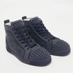 Christian Louboutin Navy Blue Glitter Lou Spikes High Top Sneakers Size 42.5