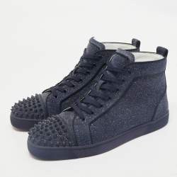 Christian Louboutin Navy Blue Glitter Lou Spikes High Top Sneakers Size 42.5