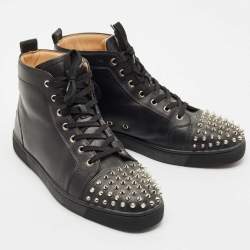 Christian Louboutin Black Leather Lou Spikes High Top Sneakers Size 45