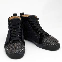 Pre Owned Christian Louboutin Black Fabric and Leather Lou Spikes High Top Sneakers Size 45