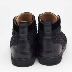 Pre Owned Christian Louboutin Black Fabric and Leather Lou Spikes High Top Sneakers Size 45
