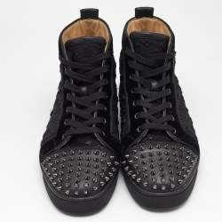 Pre Owned Christian Louboutin Black Fabric and Leather Lou Spikes High Top Sneakers Size 45