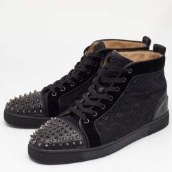 Pre Owned Christian Louboutin Black Fabric and Leather Lou Spikes High Top Sneakers Size 45