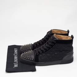 Pre Owned Christian Louboutin Black Fabric and Leather Lou Spikes High Top Sneakers Size 45
