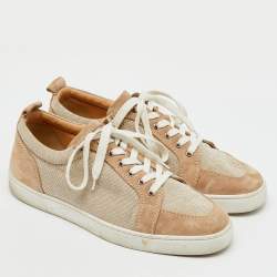 Christian Louboutin Beige/White Canvas and Suede Rantulow Low Top Sneakers Size 44.5