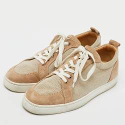 Christian Louboutin Beige/White Canvas and Suede Rantulow Low Top Sneakers Size 44.5