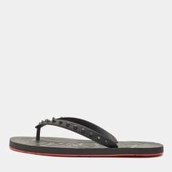 Christian Louboutin Black Rubber Loubi Tonal Spikes Flip Flops Size 41