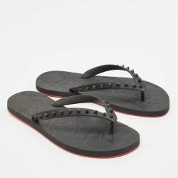 Christian Louboutin Black Rubber Loubi Tonal Spikes Flip Flops Size 41