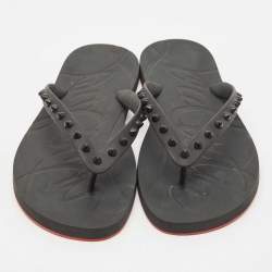 Christian Louboutin Black Rubber Loubi Tonal Spikes Flip Flops Size 41
