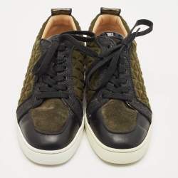 Pre Owned Christian Louboutin Black/Green Leather and  Suede Rantulow Orlato Sneakers  40.5
