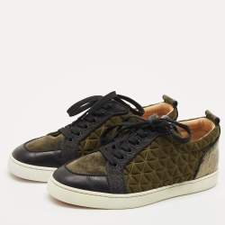 Pre Owned Christian Louboutin Black/Green Leather and  Suede Rantulow Orlato Sneakers  40.5