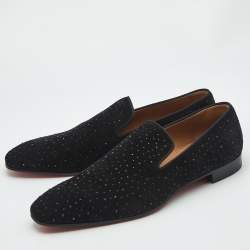 Christian Louboutin Black Suede Crystal Embellished Dandelion Smoking Slippers Size 44
