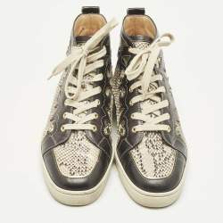 Pre Owned Christian Louboutin Black/Beige Leather And Python Rantus Orlato High Top Sneakers Size 43