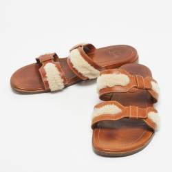 Pre Owned Christian Louboutin Brown Leather and Shearling Double Strap Flat Sandals Size 43