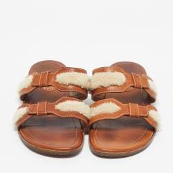 Pre Owned Christian Louboutin Brown Leather and Shearling Double Strap Flat Sandals Size 43