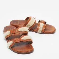 Pre Owned Christian Louboutin Brown Leather and Shearling Double Strap Flat Sandals Size 43