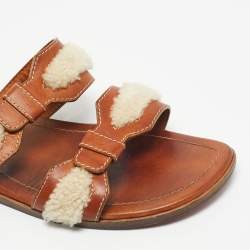 Pre Owned Christian Louboutin Brown Leather and Shearling Double Strap Flat Sandals Size 43