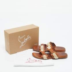 Pre Owned Christian Louboutin Brown Leather and Shearling Double Strap Flat Sandals Size 43