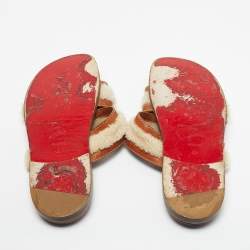 Pre Owned Christian Louboutin Brown Leather and Shearling Double Strap Flat Sandals Size 43