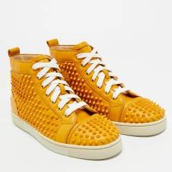 Pre Owned Christian Louboutin Yellow Leather Louis Spikes Lace Up Sneakers Size 40.5