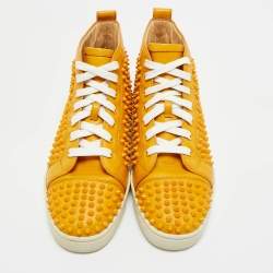 Pre Owned Christian Louboutin Yellow Leather Louis Spikes Lace Up Sneakers Size 40.5