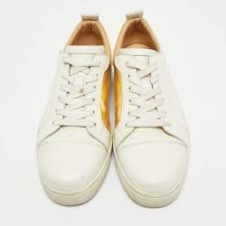 Pre Owned Christian Louboutin White/Gold Leather and Croc Embossed Leather Vieirissima Sneakers Size 40