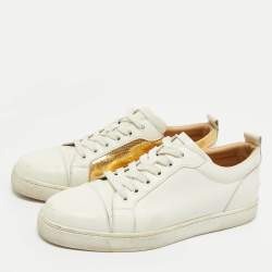 Pre Owned Christian Louboutin White/Gold Leather and Croc Embossed Leather Vieirissima Sneakers Size 40