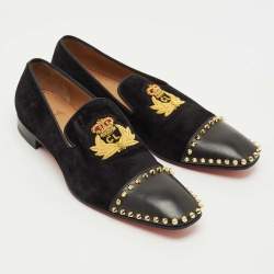 Pre Owned Christian Louboutin Black Leather and Suede Captain Loubi Smoking Slippers Size 42.5