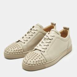 Pre Owned Christian Louboutin Beige Leather Louis Junior Spikes Low Top Sneakers Size 41.5