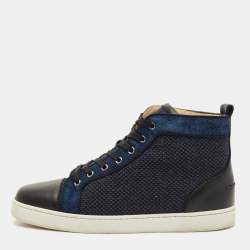 Pre Owned Christian Louboutin Black/Blue Leather and Suede Louis High Top Sneakers Size 42.5