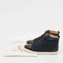 Pre Owned Christian Louboutin Black/Blue Leather and Suede Louis High Top Sneakers Size 42.5