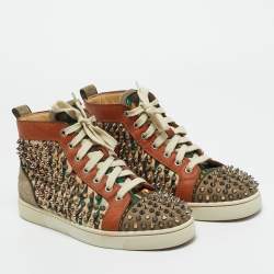 Pre Owned Christian Louboutin Multicolor Canvas and Leather Louis Spikes Lace Up Sneakers Size 39