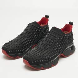 Pre Owned Christian Louboutin Black Stretch Fabric Spike Sock Slip On Platform Sneakers Size 41.5