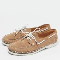 مملوكة مسبقًا حذاء يخت لوفرز كريستيان لوبوتان سويدي بني مرصع مقاس 43.5