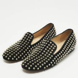 Pre Owned Christian Louboutin Black Velvet Rollerboy Spike Smoking Slippers Size 38