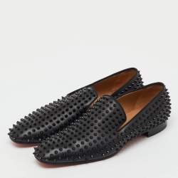 Pre Owned Christian Louboutin Black Leather Dandelion Spikes Smoking Slippers Size 46