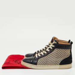 Pre Owned Christian Louboutin Black/Cream Leather and Woven Fabric Rantus Orlato High Top Sneakers Size 43.5