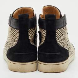 Pre Owned Christian Louboutin Black/Cream Leather and Woven Fabric Rantus Orlato High Top Sneakers Size 43.5