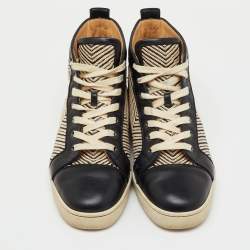 Pre Owned Christian Louboutin Black/Cream Leather and Woven Fabric Rantus Orlato High Top Sneakers Size 43.5