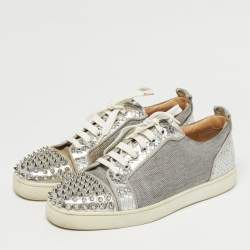 Pre Owned Christian Louboutin Silver Lurex Fabric and Python Embossed Vierissima Spike Low Top Sneakers Size 43