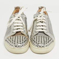 Pre Owned Christian Louboutin Silver Lurex Fabric and Python Embossed Vierissima Spike Low Top Sneakers Size 43