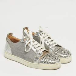 Pre Owned Christian Louboutin Silver Lurex Fabric and Python Embossed Vierissima Spike Low Top Sneakers Size 43